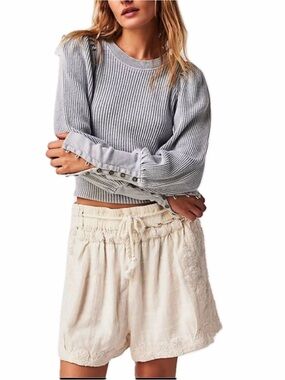 FREE PEOPLE soft blue/gray Puff-Sleeve Waffle Knit Sweater